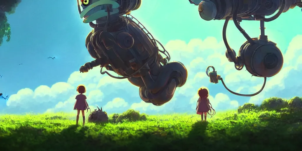 Prompt: a wholesome animation key shot of a post apocalyptic 8 0's robotic flying banana ridden by a cute witch, covered by nature hipster vibes by studio ghibli, animation, sharp, rendered in unreal engine 5, focused, anime key art by greg rutkowski, bloom, dramatic lighting