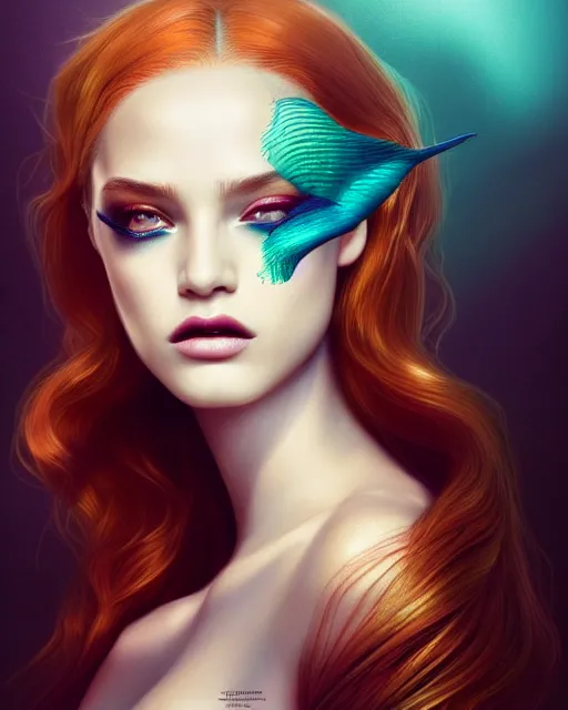 Prompt: portrait of mermaid, zoom, rule of thirds, atmosphere, intricate, vogue, regal, latinas, symmetrical!!, makeup, loreal, maybelline, sephora, loreal, artstation, art by artgerm and gonzalo ordonez arias, moody, concept art, filmic, vsco