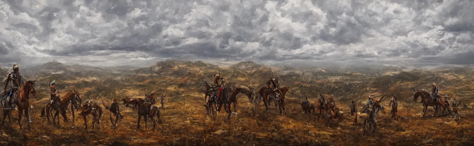 Image similar to horseback knights at scenic overlook; cloudy, grey skies, large tents in foreground, fortress city of deteriorating background on centered hill, post apocalyptic, grungy; oil on canvas, artstation, neon