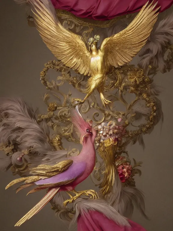 Image similar to a beautiful render of an exotic pale lilac feathered and metallic gold bird with red jewel eyes, surrounded by an elaborate decorative plaster arabesque rococo motif, by Raphael and Antoine Watteau, zbrush, redshift render, 8k, hyperreal