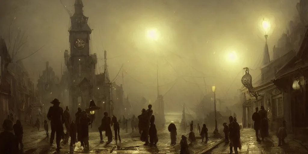 Image similar to streets of innsmouth during the night by the ocean, lovecraftian atmosphere, people standing up in front of the house, mystical fog, oil on canvas, art by andreas achenbach, clemens ascher, tom bagshaw and sabbas apterus,