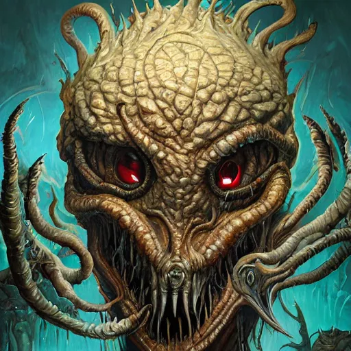 Image similar to eldritch abomination, gnashing teeth, multiple mouths, multiple eyes, oil painting, cinematic, intricate complexity, rule of thirds, in the style of Adam Paquette, Svetlin Velinov, Daarken, Artgerm, Keith Thompson, and Eric Deschamps, face by Artgerm and WLOP, magic the gathering art, character concept