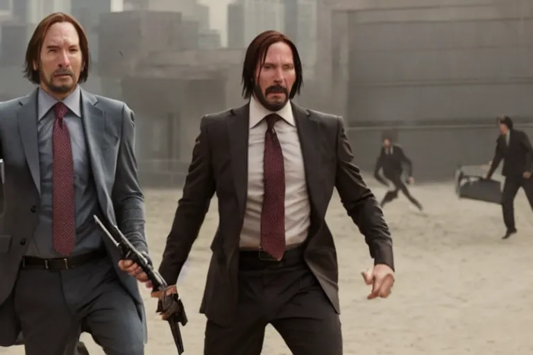 Prompt: film still of saul goodman from better call saul fighting john wick in the new john wick movie