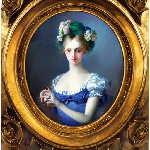 Prompt: Alice in Wonderland,a portrait of a beautiful blue hair girl,Diamonds Blaze,Rose twining,luxuriant,dreamy, eternity, romantic,highly detailed,in the style of Franz Xaver Winterhalter, highly detailed,in the style of Aetherpunk