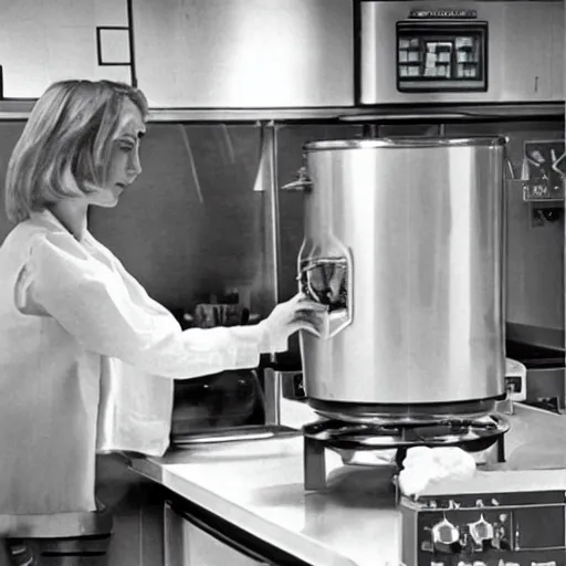 Image similar to a robot cooking in the kitchen in 1 9 7 4