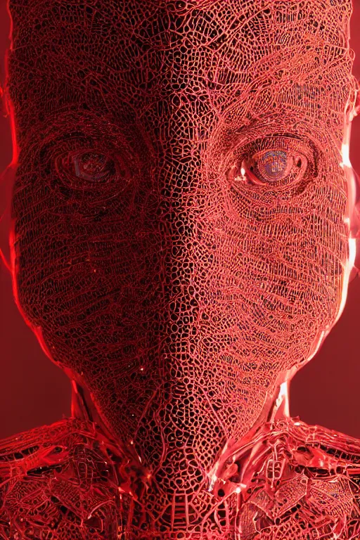 Image similar to a melancholic realistic 8k sculpture of a complex robotic human face, liquid metal simulation, bright psychedelic neon colors, dark dramatic lighting, hexagonal mesh wire, filigree intricate details, cinematic, fleshy, red blossoms, green ivy, elegant, 50mm lens, DOF, octane render, art nouveau, 8k post-processing, intricate art by greg rutkowski