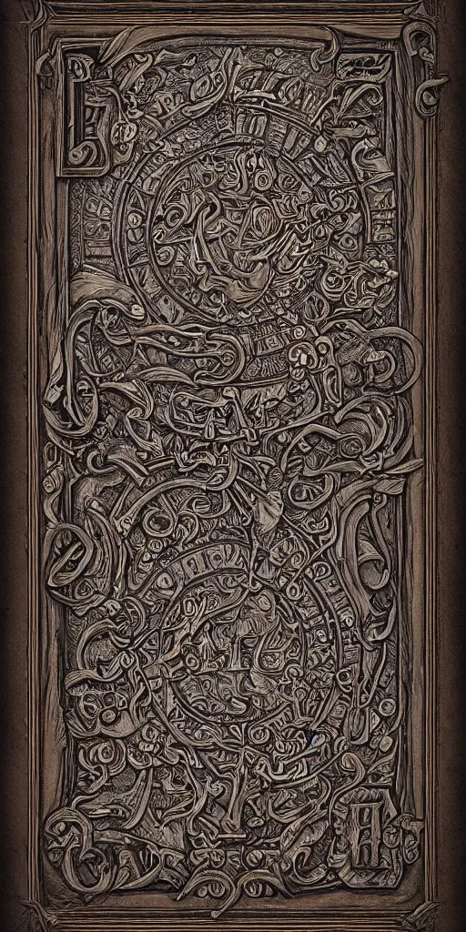 Prompt: A highly detailed and intricate image of an ancient, dusty grimoire, leather bound, carved lettering, three color scheme, 3d render, 4k, dark arts,