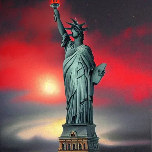 Image similar to the stature of liberty holding a taser. apocalypse painting. masterpiece. red sky, moody, gothic