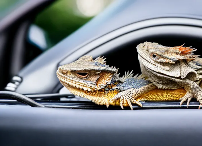 Image similar to dslr portrait still of a bearded dragon driving a little toy car, 8 k 8 5 mm f 1. 4