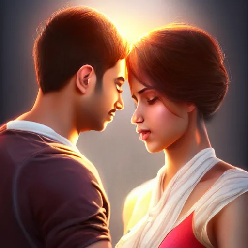 Image similar to theatrical press release ; indian young male and female couple sharing one heart ; stunning digital artwork by artgerm ; cinematic movie pose ; photorealistic, hyperrealistic, dramatic soft rim light ; highly detailed ; face by wlop ; trending on artstation ; cinematography from music video ; symmetrical, high coherence