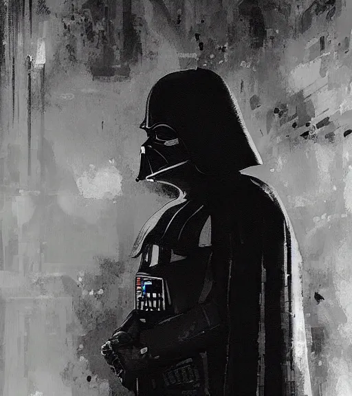 Prompt: black-and-white portrait of Darth Vader by Craig Mullins; extraordinary-masterpiece; realistic-lighting