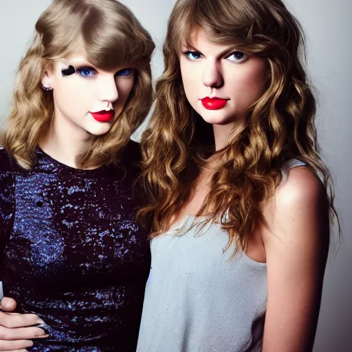 Image similar to A portrait photo of taylor swift teams up with a teenage taylor swift, perfect faces, 50 mm, award winning photography