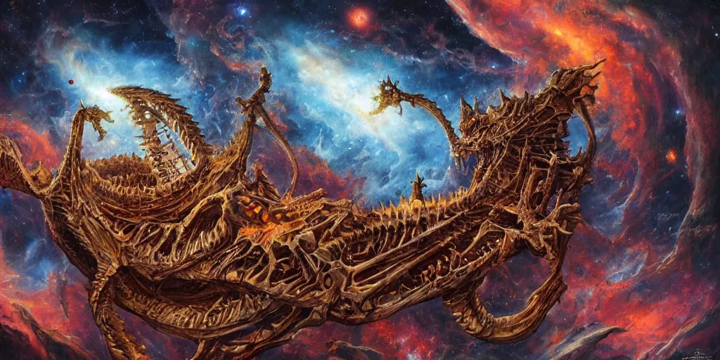 Image similar to a cinematic shot of a dragon skeleton in outer space, epic nebula, Dan Seagrave art