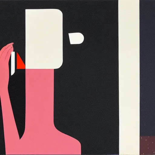 Image similar to portrait of a person on the phone, abstract painting in the style of Sophie Taeuber-Arp and Gary Hume and Tatsuro Kiuchi, flat colour-block style, geometric abstraction, dark colours