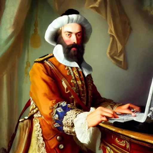 Prompt: russian tsar Peter The Great in tricorn hat and camisole, clean-shaven 18th century installs operating system on desktop computer oil painting, detailed, artfully traced, 4k resolution, cinematic, dramatic