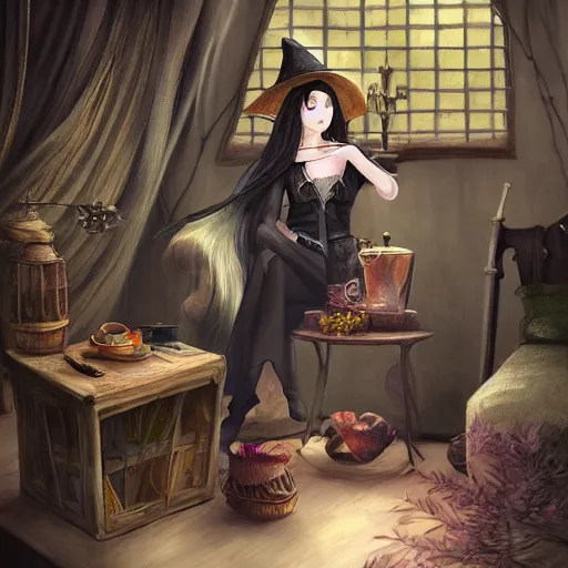 Image similar to a beautiful witch chilling in her house drawn by Qinni and Yuumei, realistic painting, high definition, digital art, matte painting, very detailed, realistic