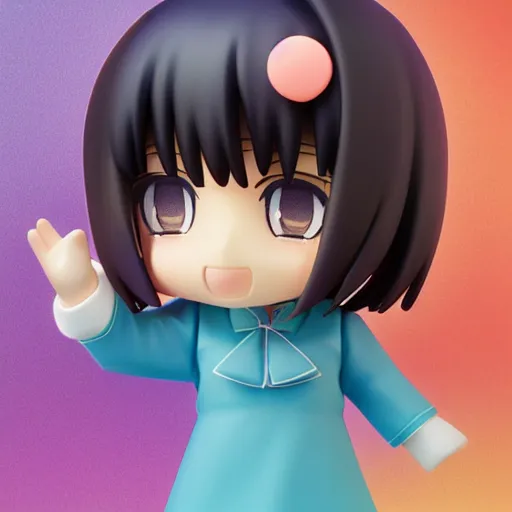 Image similar to character portrait of a singular kawaii chibi in the sytle of kyoto animation, in simple background, nendoroid eyes, blender, toon rendering