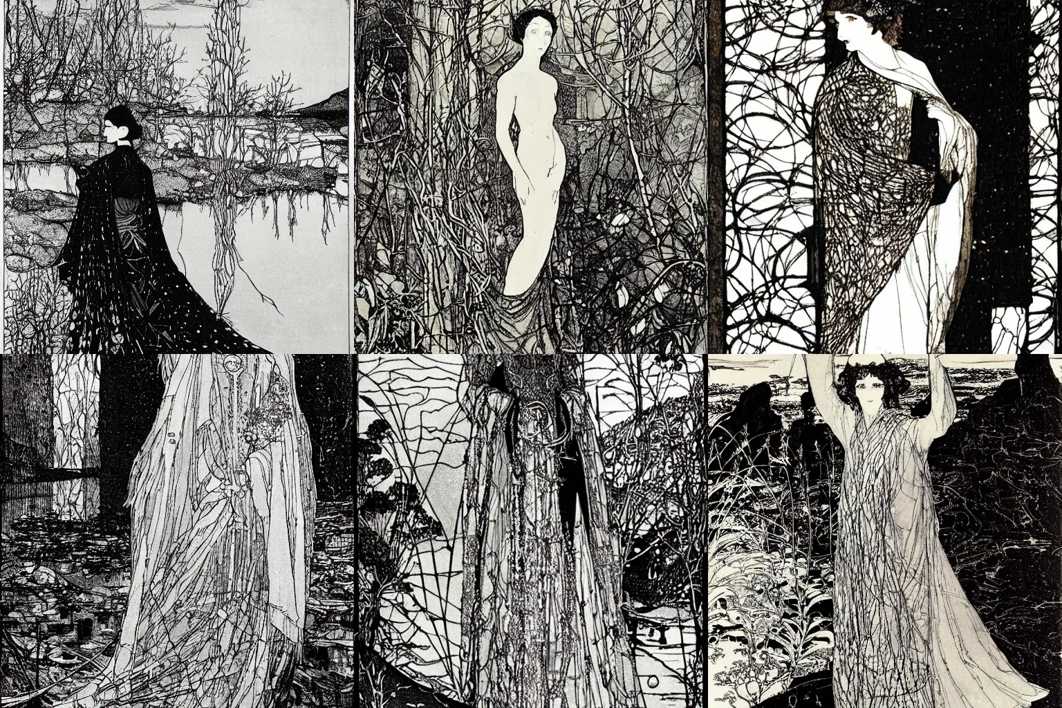 Prompt: a portrait of a character in a scenic environment by Harry Clarke, black and white, highly detailed