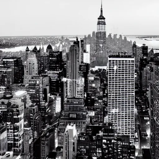 Prompt: minimalist black and white photograph of the new york skyline, time exposure