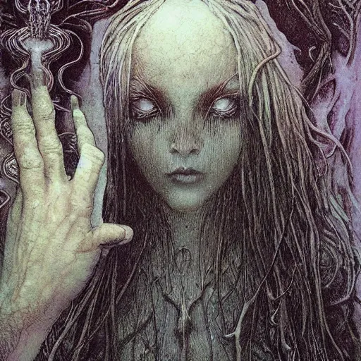 Image similar to liliana vess, fully clothed, highly detailed, masterpiece, illustrated, art by beksinski and rebecca guay