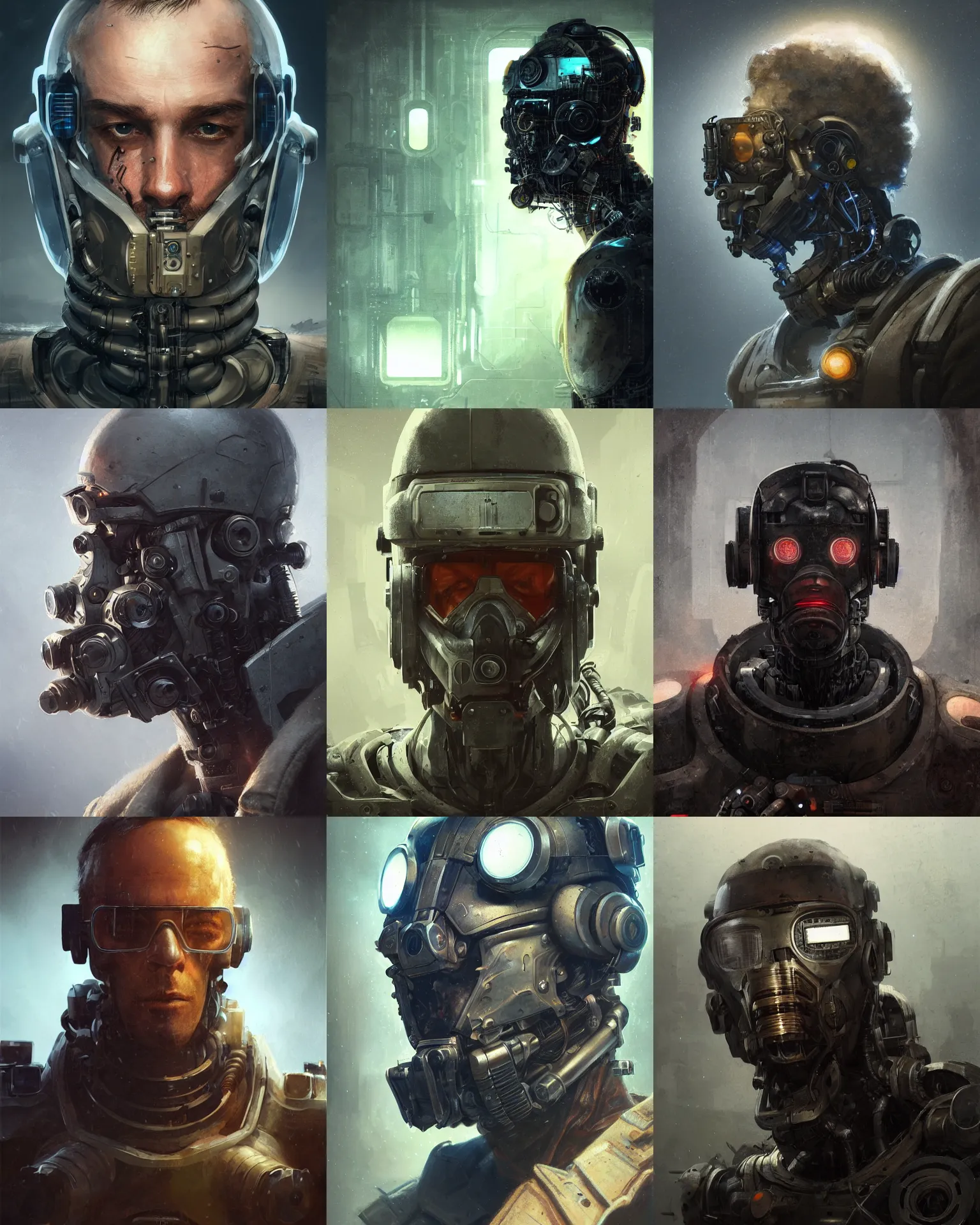 Image similar to a rugged research engineer man with cybernetic enhancements, detailed optics mask, scifi character portrait by greg rutkowski, esuthio, craig mullins, 1 / 4 headshot, cinematic lighting, dystopian scifi gear, gloomy, profile picture, mechanical, half robot, implants, steampunk, warm colors