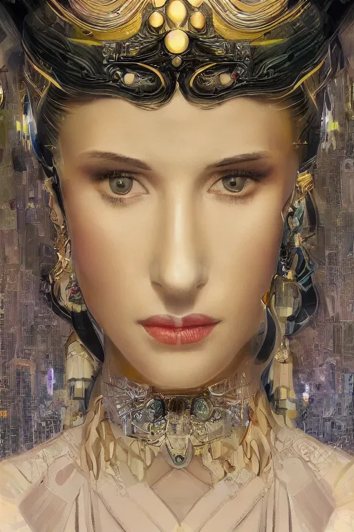 Image similar to An extremely beautiful Art Deco ornate portrait of a young attractive woman with a silky bio-luminiscent holographic dress, neo-cyberpunk, professionally painted digital art illustration, smooth, sharp focus, atmospheric lighting, highly detailed illustration highlights, golden ratio, extremely detailed winning award masterpiece, very coherent symmetrical artwork, sense of awe, 8K post-processing, trending on artstation flawless, prismatic highlights, telephoto, depth of field, cinematic, macro, concept art, wepa digital, elegant, epic, octane render, v-ray, C4D