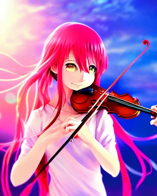 Image similar to anime style, vivid, colorful, full body, a cute girl with white skin and long pink wavy hair holding a violin and playing a song, heavenly, stunning, realistic light and shadow effects, happy, centered, landscape shot, happy, simple background, studio ghibly makoto shinkai yuji yamaguchi