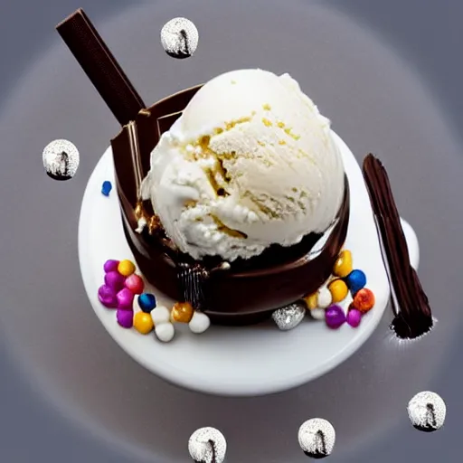 Image similar to an ice cream sundae made out of diamonds and chocolate, elegant and ornate,