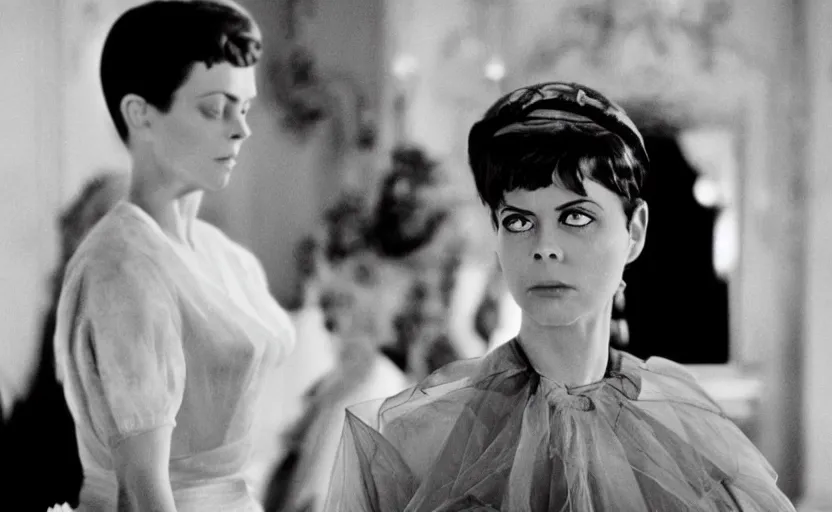 Prompt: a still from last year in marienbad ( 1 9 6 1 ), sharp, very detailed, great quality, french new wave cinema,