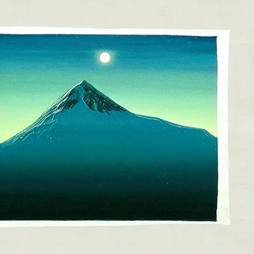 Image similar to mt elbrus at night, the moon refraction distorted edges, arkhip kuindzhi painting, teal palette