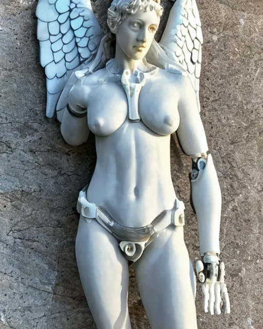 Image similar to marble sculpture of female angel with solarpunk mecha humanoid robotic parts with bright led lights, pudica pose gesture, by michelangelo, in white room, ultra - realistic and intricate, hdr 8 k