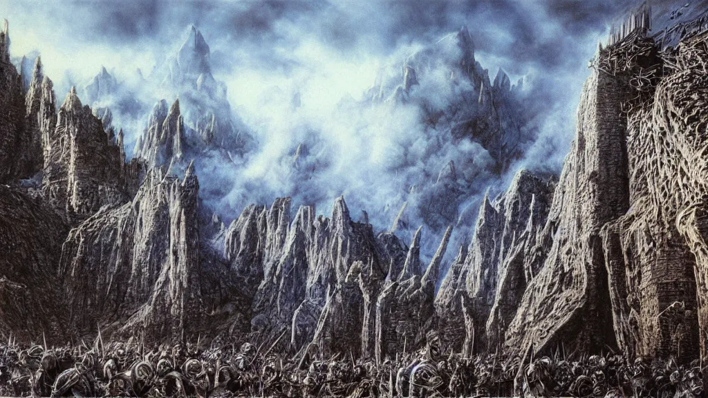 Image similar to beautiful helms deep, by alan lee, intricate, smoke trails, lord of the rings calendar, smooth, detailed terrain, oil painting