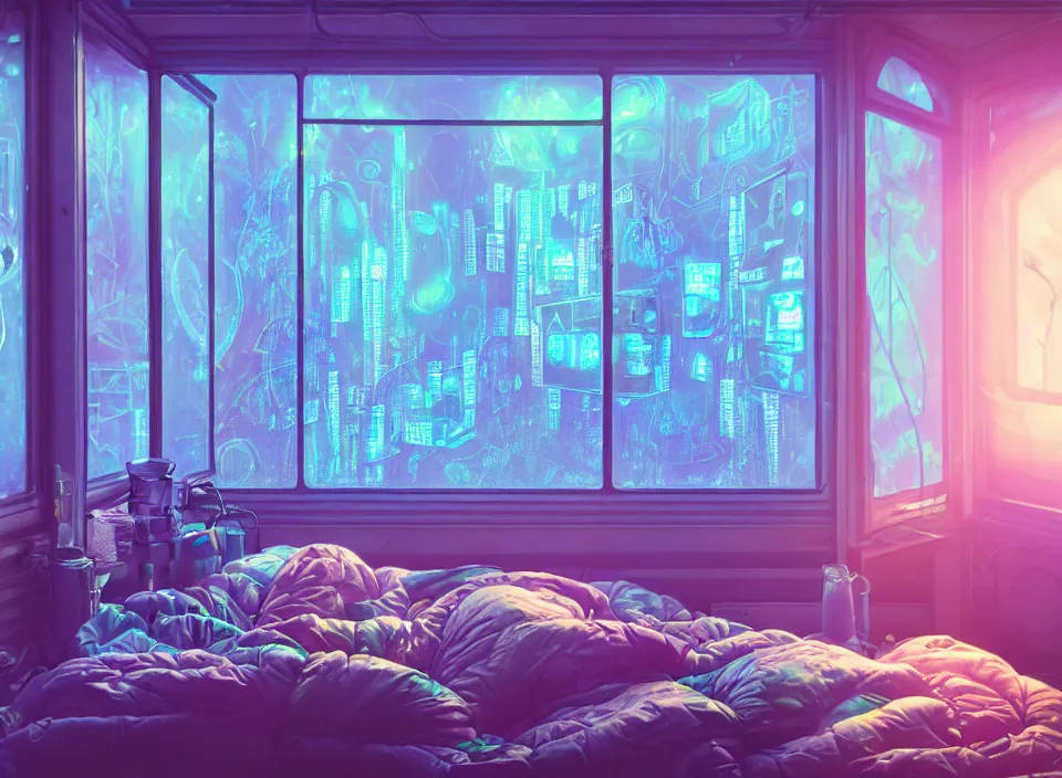 Image similar to telephoto photograph depicting the experience of acceptance in a cosy cluttered french sci - fi ( art nouveau ) cyberpunk apartment in a pastel dreamstate art cinema style. ( iridescent terrarium!, computer screens, window ( city ), leds, lamp, ( ( ( terrarium bed ) ) ) ), ambient light.