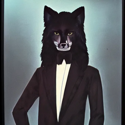 Image similar to male anthro black fox furry fursona with a mullet in a spanish style tuxedo, 1 9 7 0 s framed photograph, painted by riley moreau