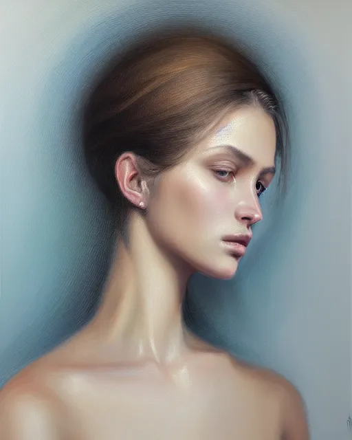 Prompt: portrait of a beautiful woman, enigmatic beauty, head in focus, intricate, elegant, highly detailed, hyperrealistic painting, concept art, painterly, sharp focus, art by ive freya