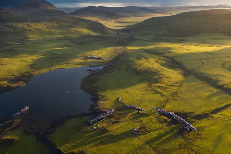 Image similar to aerial photography, scotland, dragon race, dusk