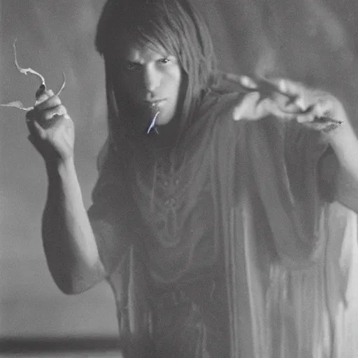 Image similar to a handsome young dark sorcerer casting a demonic spell, photorealistic 35mm