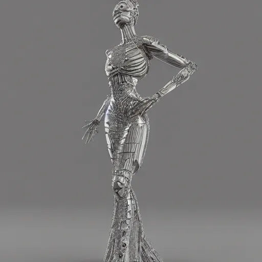 Prompt: full body detailed, ethereal chrome dress, biomechanical, covered in diamonds and other gems glowing, highly detailed face, elegant posed, intricate, extremy detailed, beeple, cgsociety, 3 d unreal engine octane render. cinematic lighting, highly detailed 4 k art