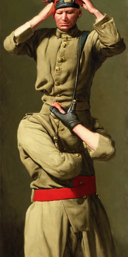 Prompt: portrait of a blindfolded soldier saluting