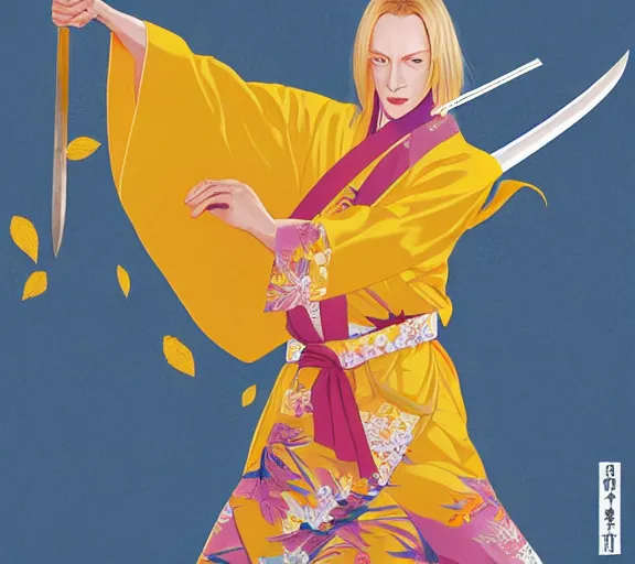 Image similar to breathtaking detailed pattern pastel colors, action scene from kill bill, with uma thurman ( kill bill ) in yellow kimono, with hatori hanzo katana sword and autumn leaves, by hsiao - ron cheng, bizarre compositions, exquisite detail, enhanced eye detail