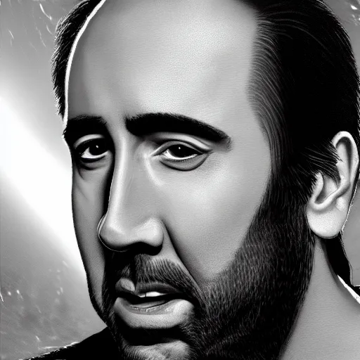 Image similar to closeup shot of nicolas cage with crazy grin and dramatic lightning and backlightning, highly detailed