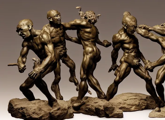 Image similar to a full figure rubber sculpture of a group of fighting goblins, by Michelangelo, dramatic lighting, rough texture, subsurface scattering, wide angle lens