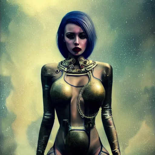 Prompt: Ultrarealist illustration of a very beautiful dollpunk wearing Abstract tech bodysuit, in front of a ruined city, focus, realistic eyes, symmetric body features proportions, golden ratio, ultra intricate details, award winning, unreal render, by Tom Bagshaw