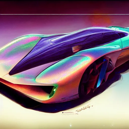 Prompt: car with holographic paint, pearlescent, elegant, digital painting, concept art, smooth, sharp focus, art style from Wang Ke and Greg Rutkowski and Bruce Kaiser and Scott Robertson and Dmitry Mazurkevich and Doruk Erdem and Jon Sibal, small style cue from Blade Runner