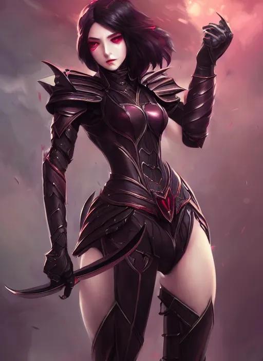 Prompt: full plate armor!!! beautiful and elegant dark hair female vampire!! gorgeous ayes!! character concept art, sharp focus, octane render! unreal engine 5! highly rendered!! trending on artstation!! detailed linework!! illustration by artgerm, wlop, and chie yoshii