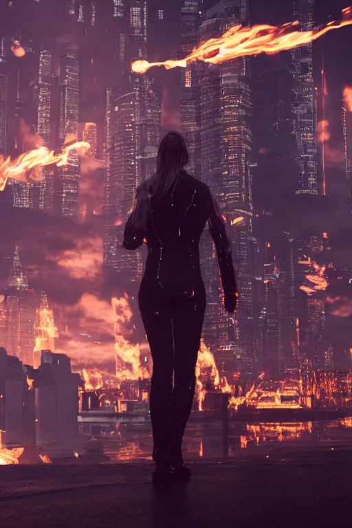 Image similar to in the foreground Saint Petersburg in cyberpunk, in the background a magnificent young blonde woman from behind playing with flames coming out of her hands wearing a long matrix-style jacket, realistic, high definition, many details, dramatic scene, symmetrical face, eyes realistic, cyberpunk art 2077