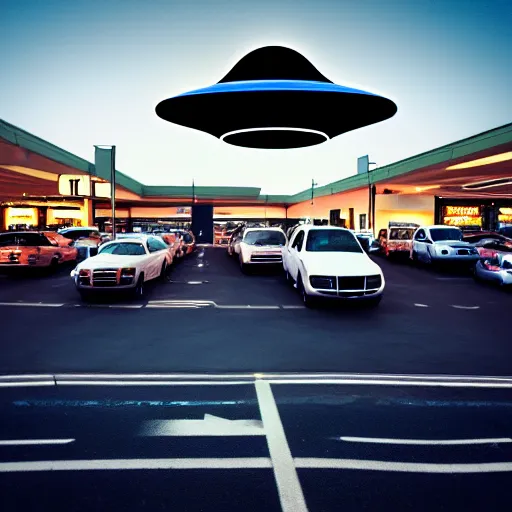 Image similar to a photo of a ufo parked amidst cars at a mall parking lot, misterious, volumetric lighting