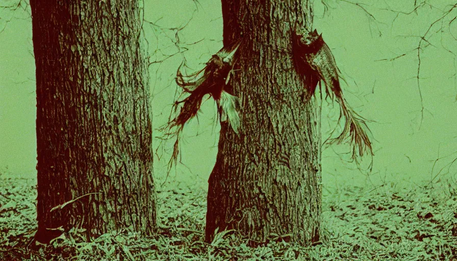 Prompt: 7 0 s film still from a horror movie about a tree and a fish, kodachrome, cinecolor, cinestill, film grain, film texture, retro, cinematic, high resolution, photorealism,