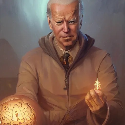 Image similar to Joe Biden , D&D, fantasy, intricate, elegant, highly detailed, digital painting, artstation, concept art, matte,illustration, hearthstone, art by Artgerm and Greg Rutkowski and Alphonse Mucha, simon stalenhag, hyperreal