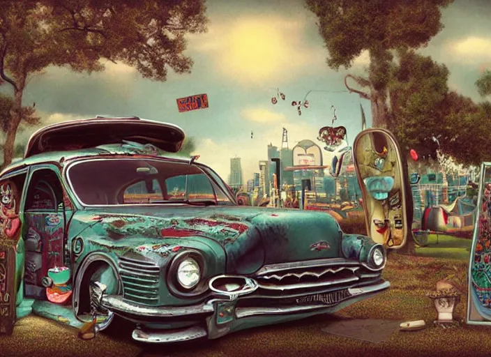 Image similar to the world inside a car, lisa ann, lowbrow, matte painting, 3 - d highly detailed, in the style of mark ryden,